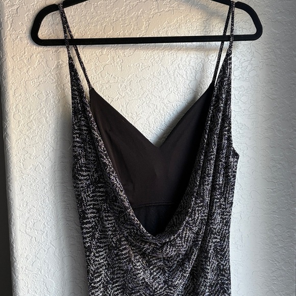 Vintage Windsor Black and Silver Stretchy Patterned Knit Open Back Drape Dress L - Picture 5 of 16